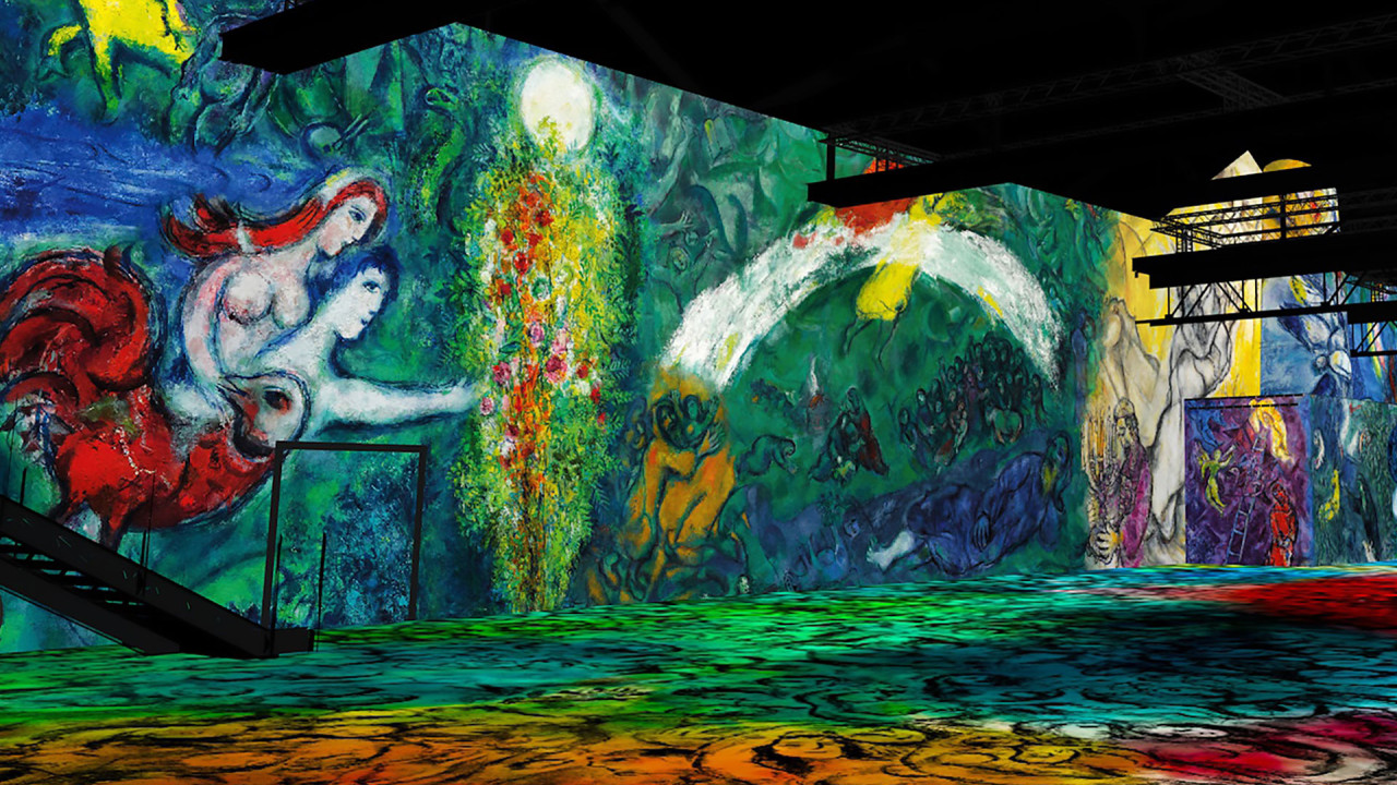 Simulation de l'exposition « Chagall, Paris – New York » à l'Atelier des Lumières. Chapitre : Le Message Biblique, © Adagp, Paris 2022, Simulation © SpetctreLab/Culturepsaces